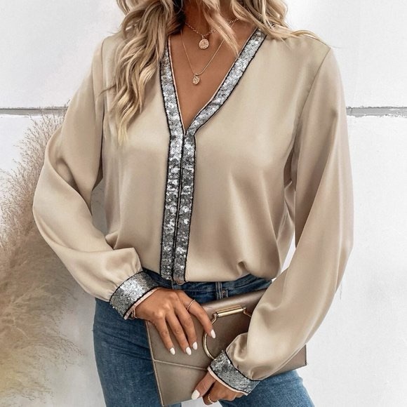Tops - Sequin Trim V Neck Blouse
